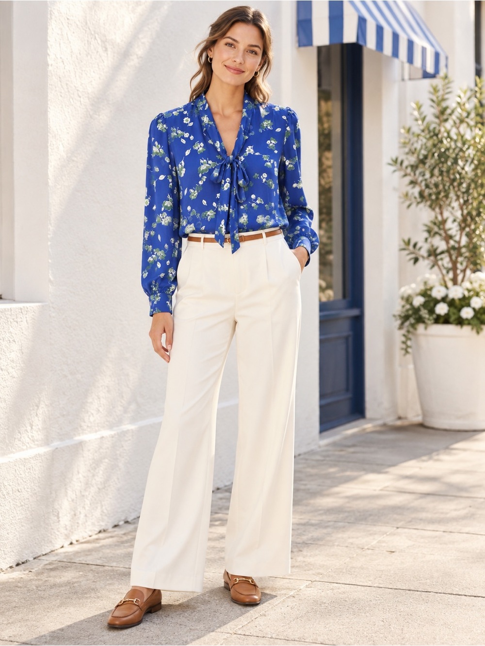 J. CREW Cobalt Blue Floral Tie Neck Button Front Blouse Size Small